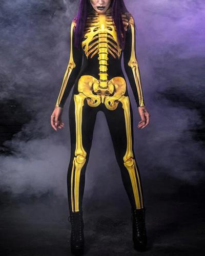 Halloween Costume Full Body Skull Printed Jumpsuit