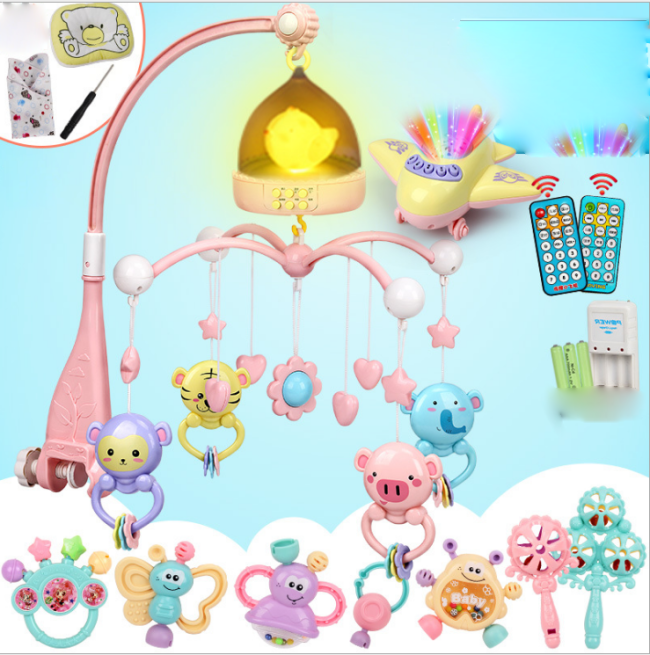 Baby Rattles Crib Mobiles-Mobile bed swivel toy holder, bell, music box, projection 0-18 months, newborn toy