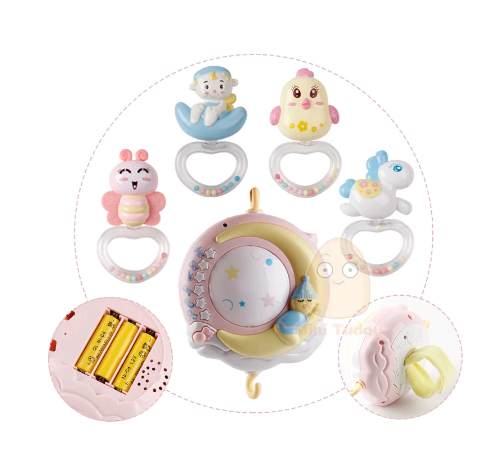 Baby Rattles Crib Mobiles-Mobile bed swivel toy holder, bell, music box, projection 0-18 months, newborn toy