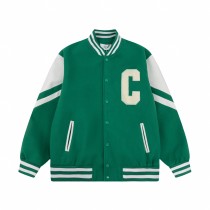 Celine 2023 New Towel Embroidered Big C and Leather Teddy Baseball Jacket Green 8.29