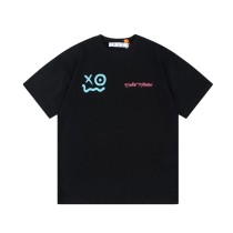 OFF-WHITE blue smiley face graffiti hand-painted LOGO printed short-sleeved T-shirt Black 12.12