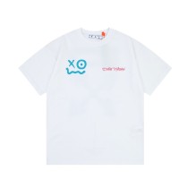 OFF-WHITE blue smiley face graffiti hand-painted LOGO printed short-sleeved T-shirt White 12.12