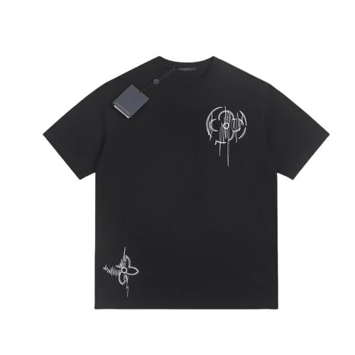 Louis Vuitton Heavy Embroidery Floral Short Sleeve T-shirt Black 25218