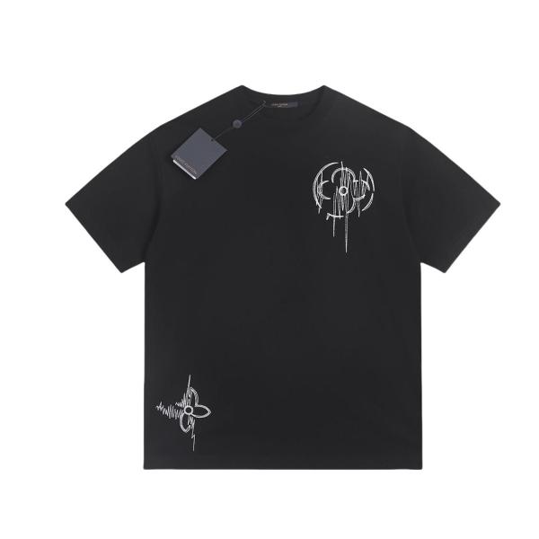 Louis Vuitton Heavy Embroidery Floral Short Sleeve T-shirt Black 25218
