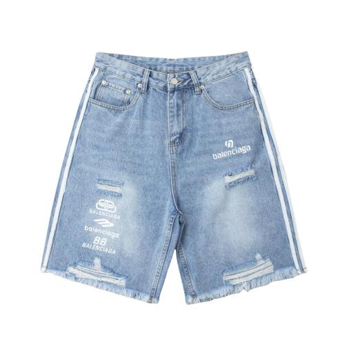 Balenciaga Web-paneled contrast-color destroyed denim shorts Blue 25327