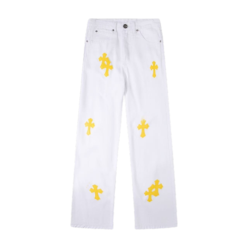 Chrome Hearts white cowhide cross stitch leather jeans 25424
