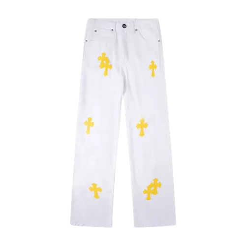 Chrome Hearts white cowhide cross stitch leather jeans 25424