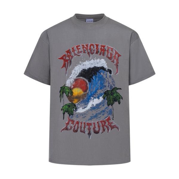 Balenciaga 26SS Hawaiian Wave Coconut Tree Print Short Sleeve (Gray) 260512