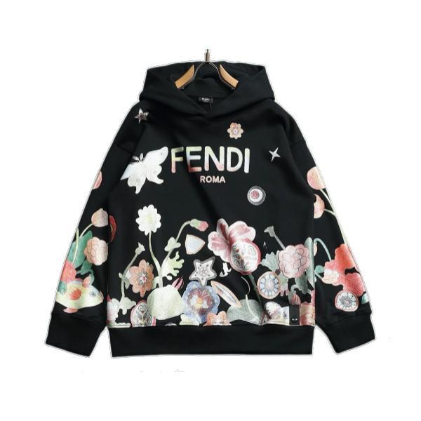 Fendi Hooded Logo Floral Print Long Sleeve Hoodie - Black 261013