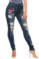 Dark Blue Mid Rise Distressed Rose Embroidery Jeans