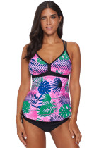 Green Tropical Print Cut out Tankini Swimsuit