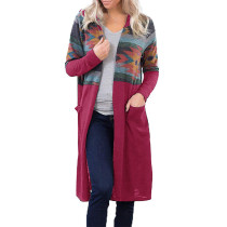 Rosy Aztec Open Long Cardigan with Pockets