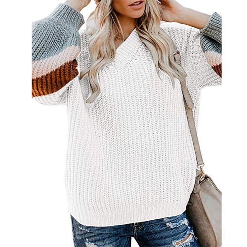 White V Neck Loose Knit Sweater TQK270019-1