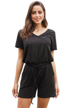 Black Casual Loose Short Sleeve Romper with Pockets