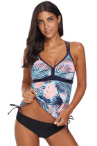 Blue Tropical Print Cut out Tankini Swimsuit