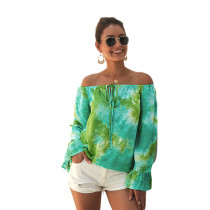Green Print Tie Dyed Off Shoulder Blouse TQK210118-9