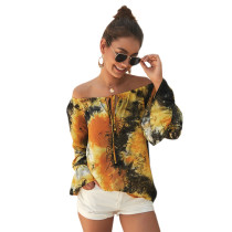 Yellow Print Tie Dyed Off Shoulder Blouse TQK210118-7