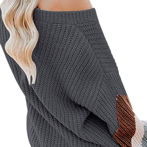 Dark Gray V Neck Loose Knit Sweater TQK270019-26