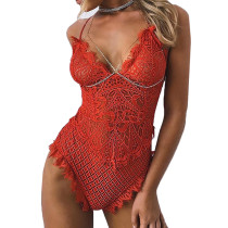 Red V Neck Hollow Out Lace Bodysuit TQS550020-3