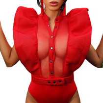 Red Ruffle Buttoned Bodysuit TQS550022-3