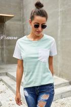 Green Striped Short Sleeve Contrast Color T-Shirt with Pocket