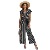 Black Striped Tie Waist V Neck Jumpsuit TQK550186-2