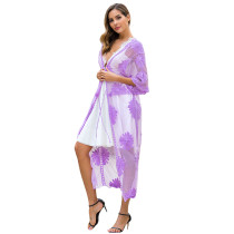 Purple Mesh Embroidery Floral Print Cover up TQK650038-8