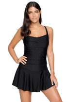 Solid Black Swimdress With Attached Shorts