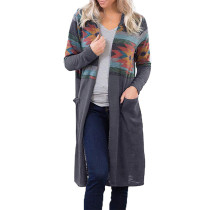 Gray Aztec Open Long Cardigan with Pockets