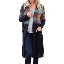 Black Aztec Open Long Cardigan with Pockets