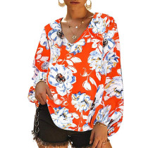 Red Floral Print V Neck Puff Sleeve Blouse TQK210120-3