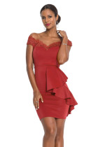 Red Embroidered Off Shoulder Neck Cascading Mini Dress LC220852-3