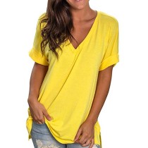 Yellow V Neck Loose Casual T-shirt  TQK210067-7
