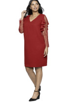 Red Ruffle Trim Lace Sleeve Plus Size Shift Dress