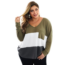 Army Green Colorblock V Neck Plus Size Knit Sweater TQK270022-27