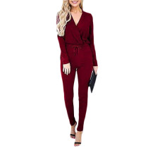 Wine Red V Neck Long Sleeve Jumpsuit With Pockets TQK550139-103