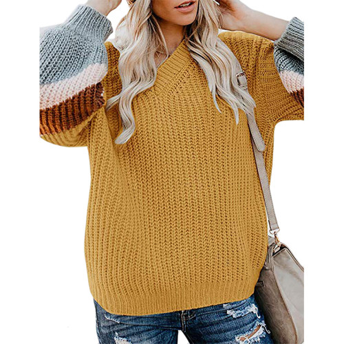 Yellow V Neck Loose Knit Sweater TQK270019-7