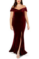 Red Plus Size Off-The-Shoulder Velvet Gown