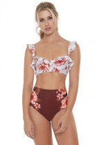 Red Floral High Waist Ruffle Underwire Bikini Swimsuit LC412058-3