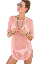 Pink See-through Half Sleeve Beach Cover up