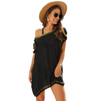 Black Crochet Off Shoulder Beach Cover Dress TQK650062-2