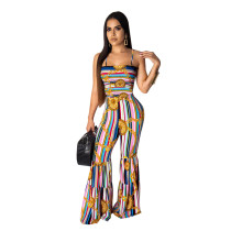 Blue Rainbow Stripes Bell-bottomed Strapless Jumpsuit