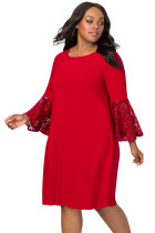 Red Sequin Lace Bell Sleeve Plus Size Mini Dress