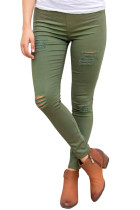 Green Distressed Front Stretch Denim Pants