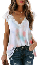 White Lace Splicing V Neck Short Sleeve Tie-dye Top LC2521103-1