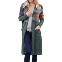 Army Green Aztec Open Long Cardigan with Pockets