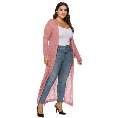 Pink Split Plus Size Cardigan With Pockets TQK270039P-10