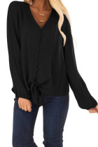 Black Button up Long Sleeves Top with Front Tie LC252304-2