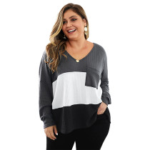 Grey Colorblock V Neck Plus Size Knit Sweater TQK270022-11