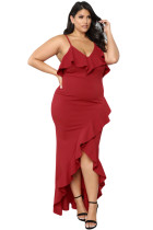 Red Plus Size Ruffle Trim Spaghetti Straps Maxi Dress